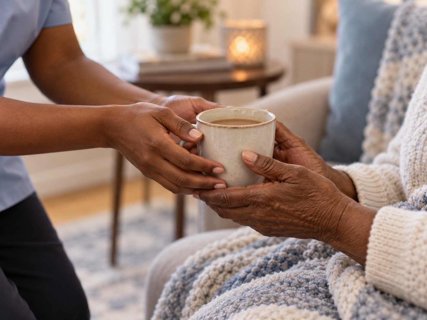 A caregiver's hands passing a cup of coffee to an older woman wrapped in a knitted blanket