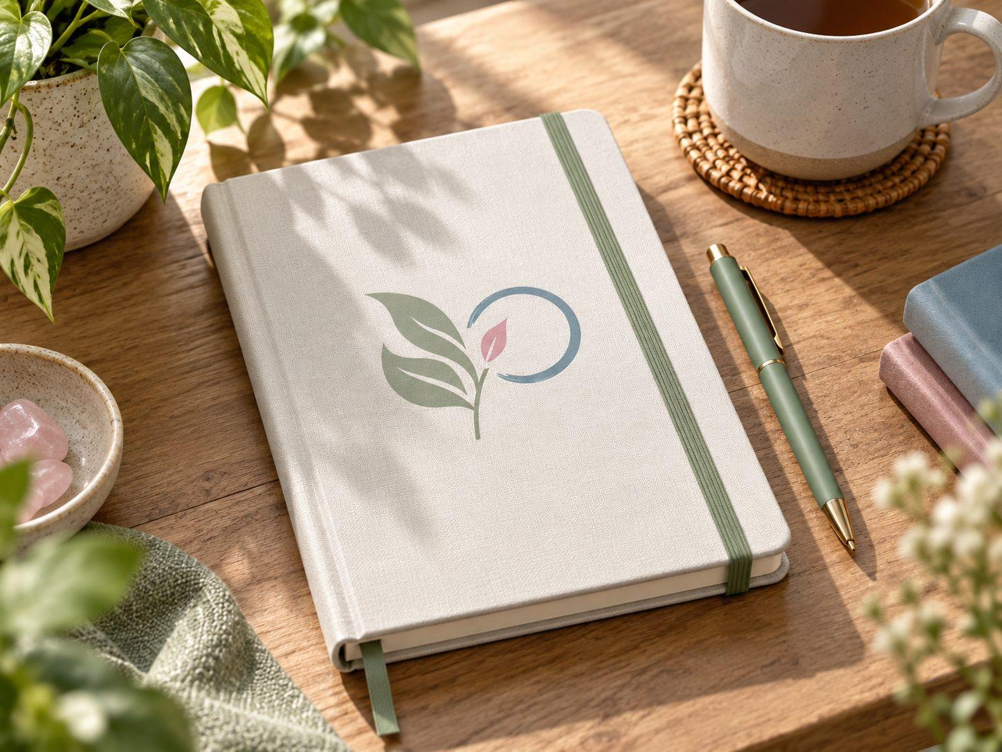 A closed planning journal and a pen on a sunlit wooden table beside a cup of tea